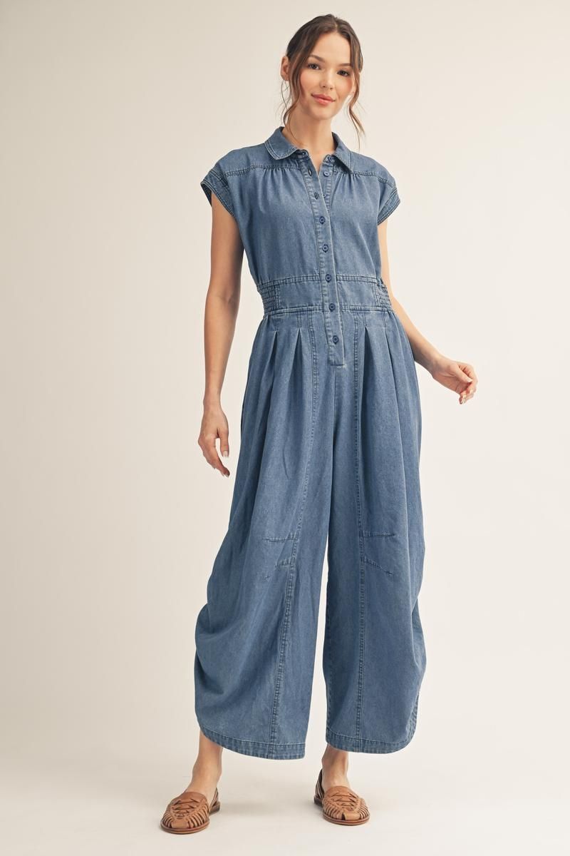 Button Down Wide Leg Denim Jumpsuit