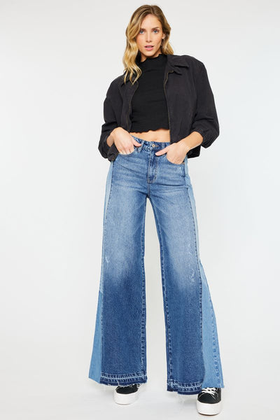 High Rise Wide Leg Denim Contrast Jeans