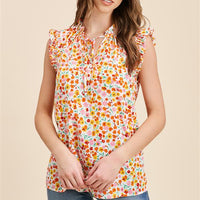 Pleated Tie Neck Floral Top
