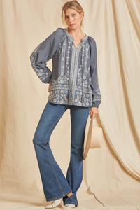3/4 Tunic Embrod Tie Front Top
