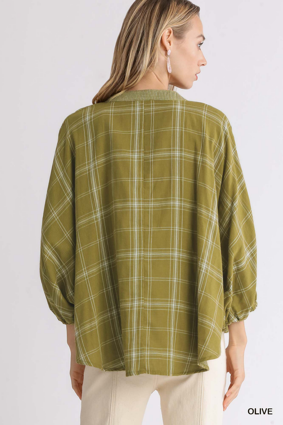 Plaid Print Half Button Doman Top