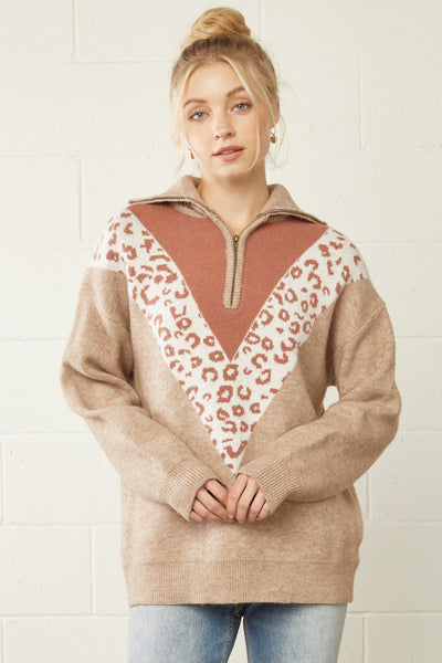 Leopard Print Color Block Pullover