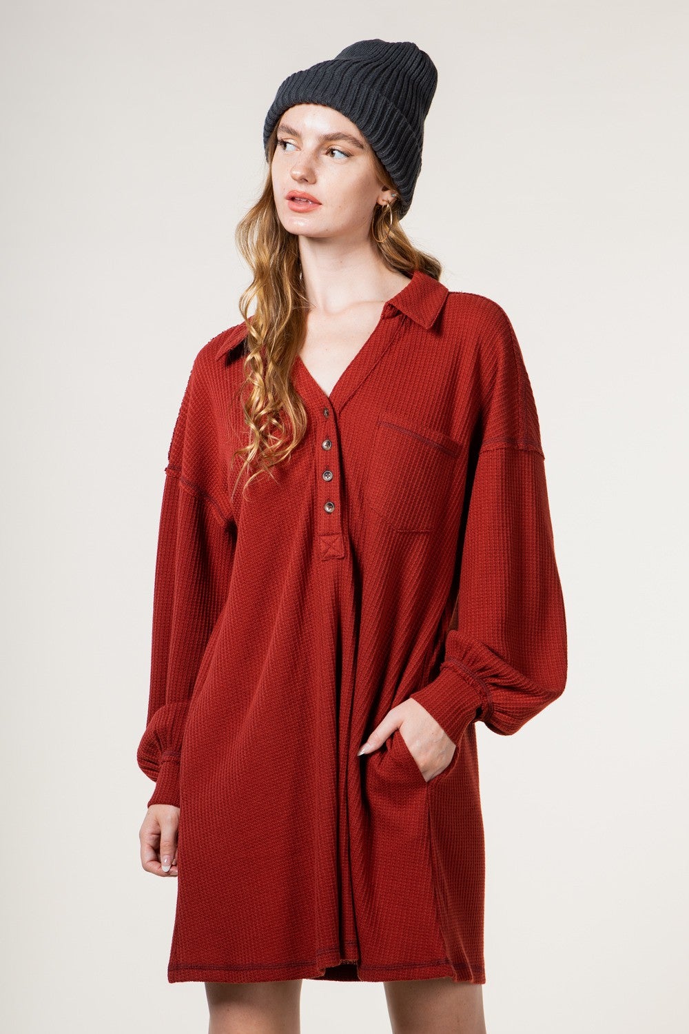 Solid Waffle Knit Mini Dress