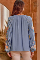 Solid Tie Neck Embroidered Blouse
