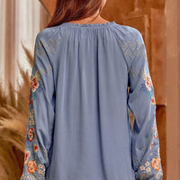 Solid Tie Neck Embroidered Blouse